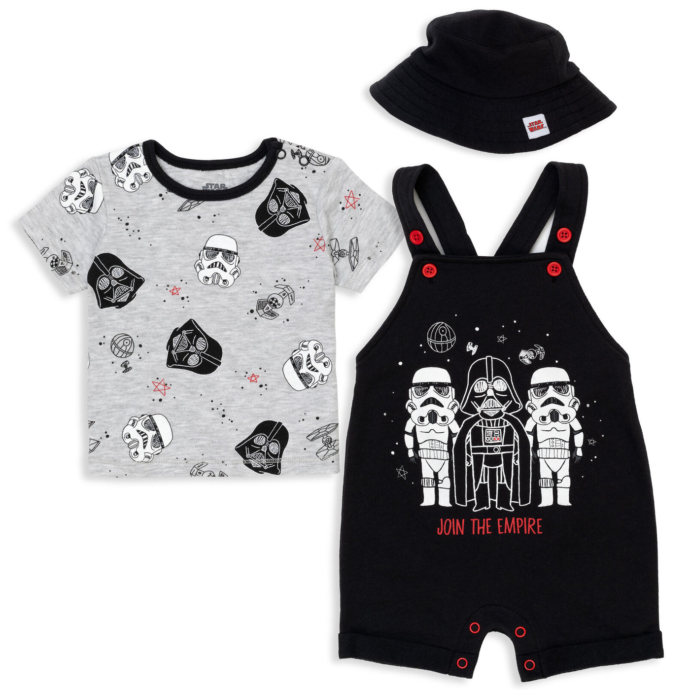 STAR WARS French Terry Short Overalls T-Shirt and Hat 3 Piece Outfit Set