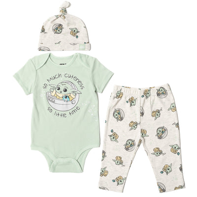 Star Wars The Mandalorian Baby Yoda Bodysuit Pants and Hat 3 Piece Outfit Set