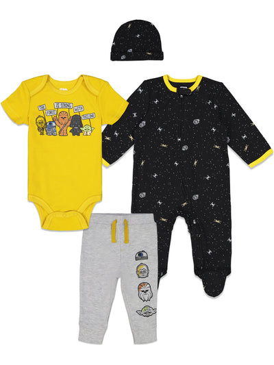 Star Wars Zip Up Sleep N' Play Bodysuit Jogger Pants and Hat 4 Piece Outfit Set