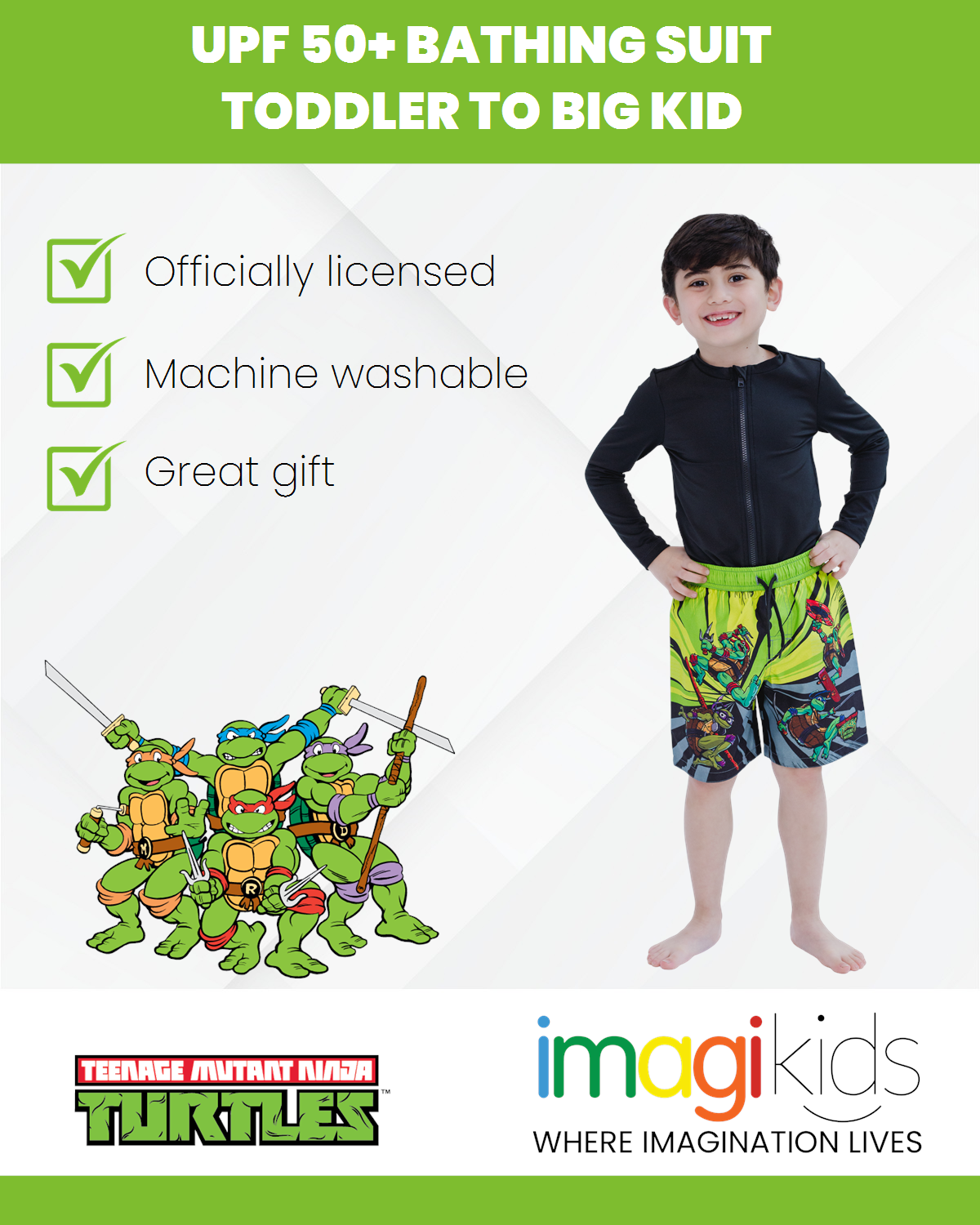 Teenage Mutant Ninja Turtles Michelangelo Donatello Raphael Leonardo UPF 50+ Swim Trunks Toddler to Little Kid