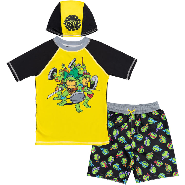 Teenage Mutant Ninja Turtles Rash Guard Swim Trunks and Cap 3 Piece Swimsuit Set