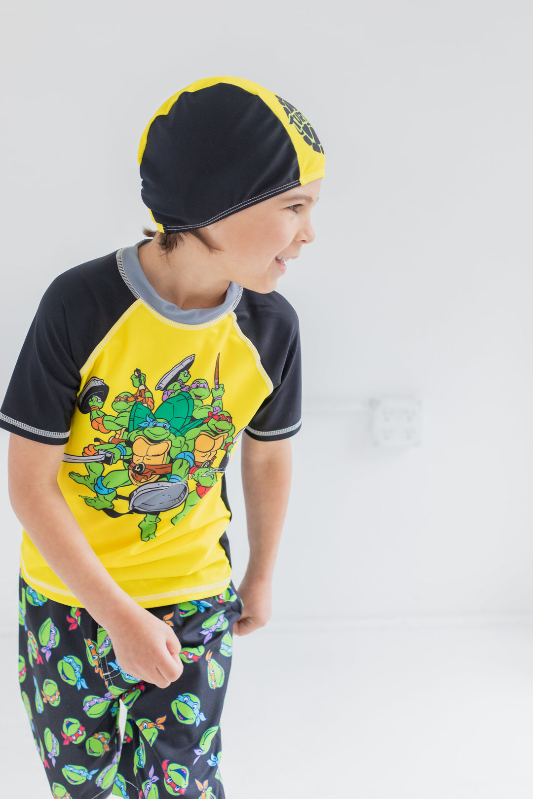 Teenage Mutant Ninja Turtles Rash Guard Swim Trunks and Cap 3 Piece Swimsuit Set