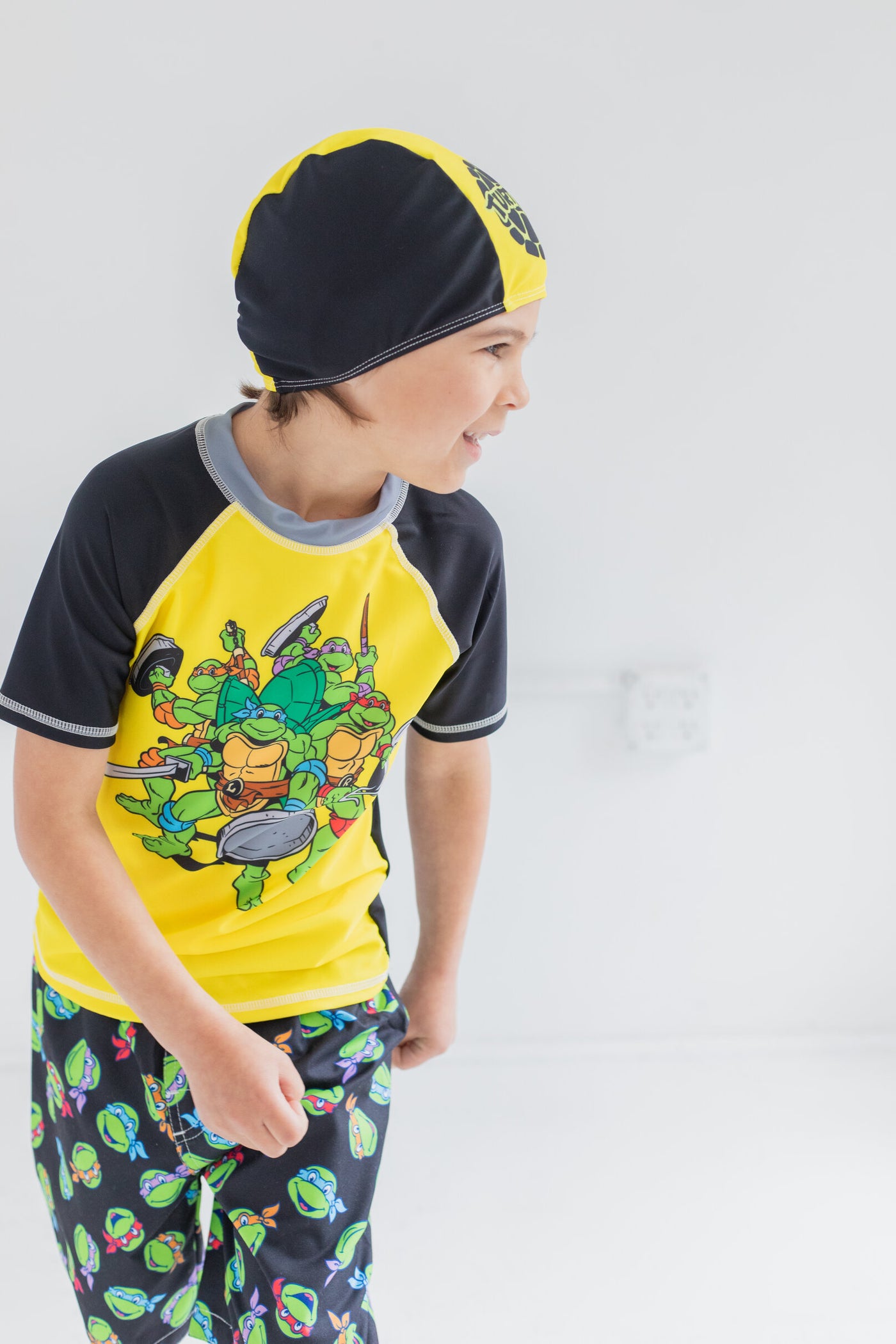 Teenage Mutant Ninja Turtles Rash Guard Swim Trunks and Cap 3 Piece Swimsuit Set