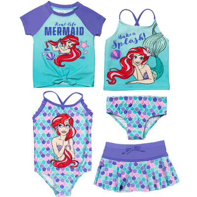 The Little Mermaid Princess Ariel One Piece Bathing Suit Rash Guard Tankini Top Swim Skirt Modest Swimsuit and Bikini Bottom 5 Set