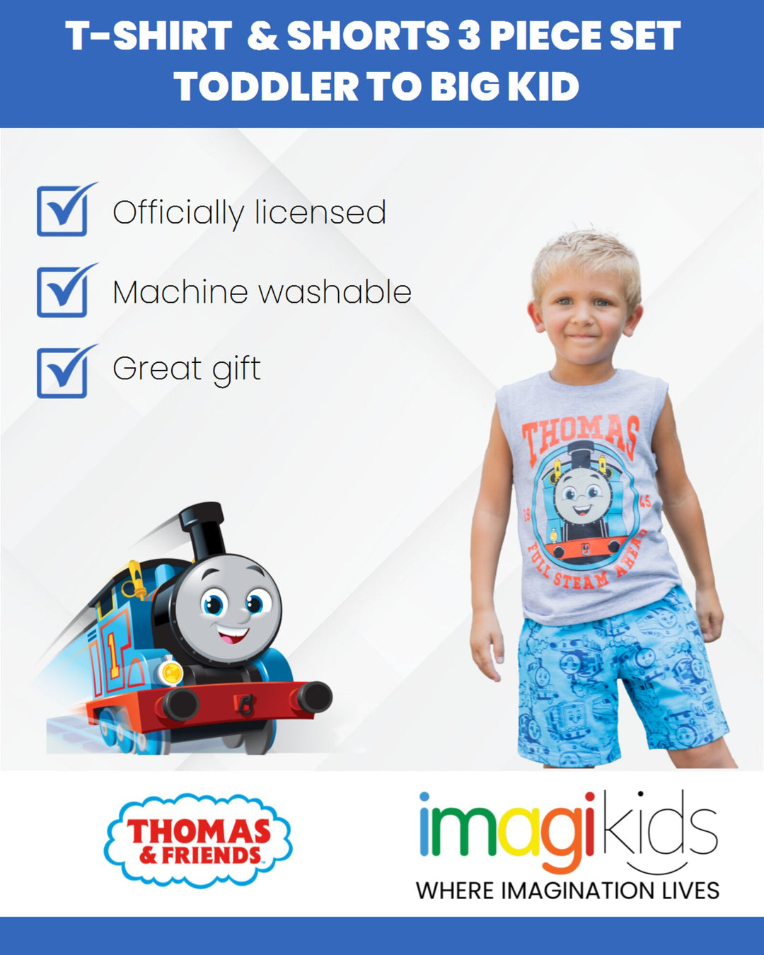 Conjunto de 3 piezas de Thomas &amp; Friends: camiseta sin mangas y pantalones cortos de felpa francesa