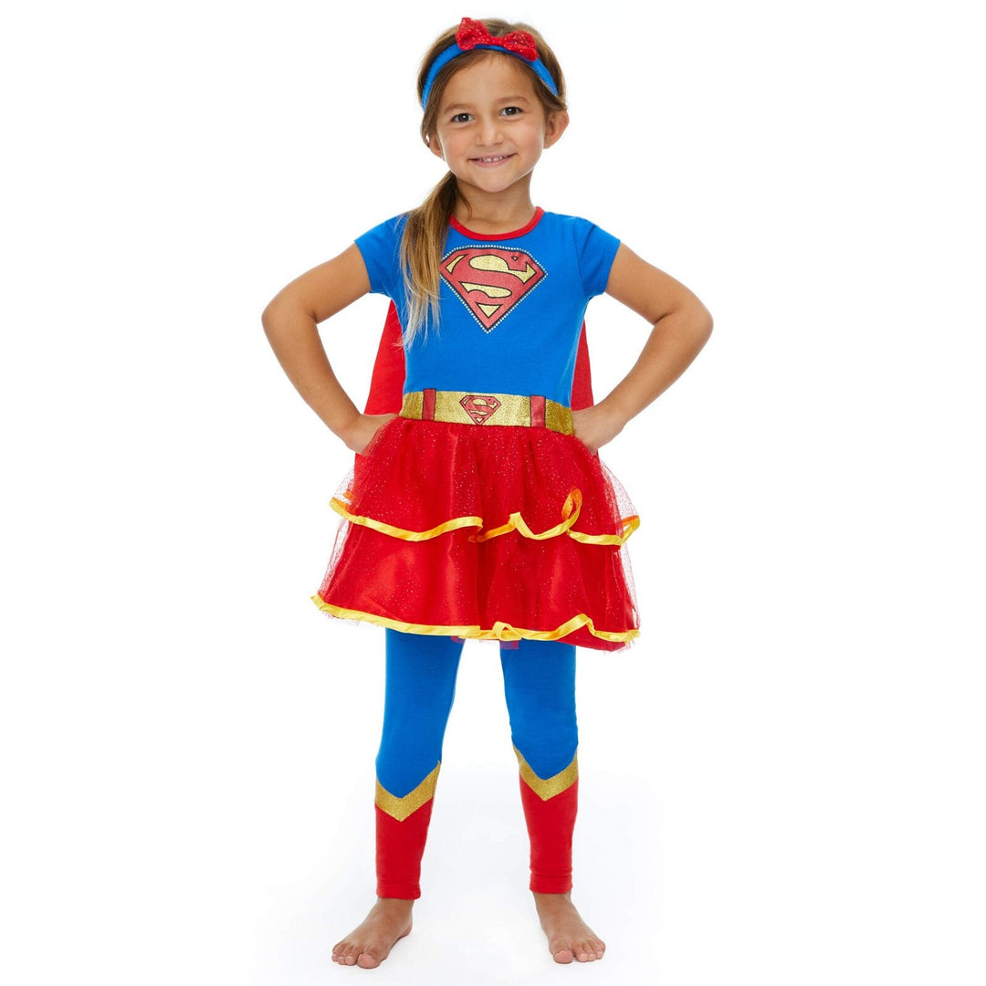 WARNER BROS Justice League Supergirl Costume Dress Leggings Cape and Headband 4 Piece Set - imagikids