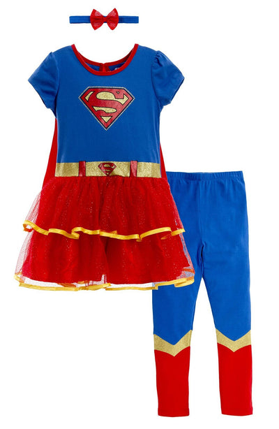 WARNER BROS Justice League Supergirl Costume Dress Leggings Cape and Headband 4 Piece Set - imagikids