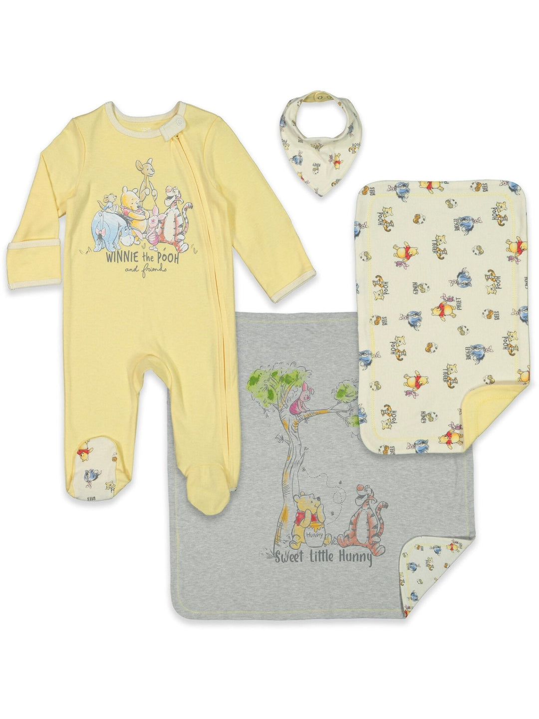 Winnie the Pooh 4 Piece Outfit Set: Sleep N' Play Coverall Bib Blanket Burp Cloth - imagikids