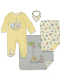 Winnie the Pooh 4 Piece Outfit Set: Sleep N' Play Coverall Bib Blanket Burp Cloth