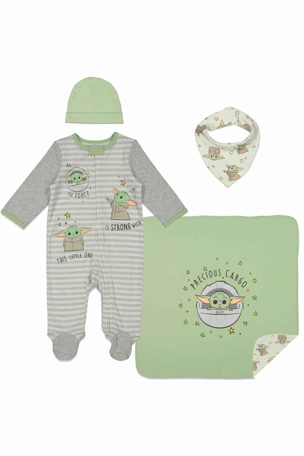 Baby Yoda 4 Piece Outfit Set: Sleep N' Play Coverall Bib Blanket Hat