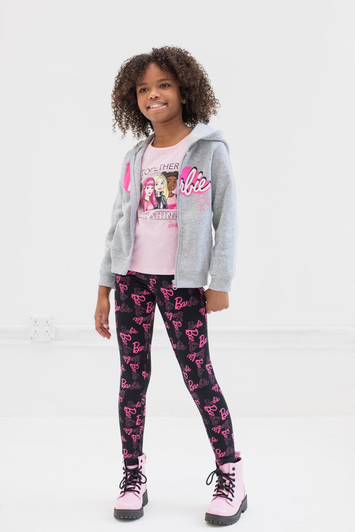 Barbie Zip Up Fleece Hoodie Graphic T-Shirt and Leggings 3 Piece Outfit Set - imagikids