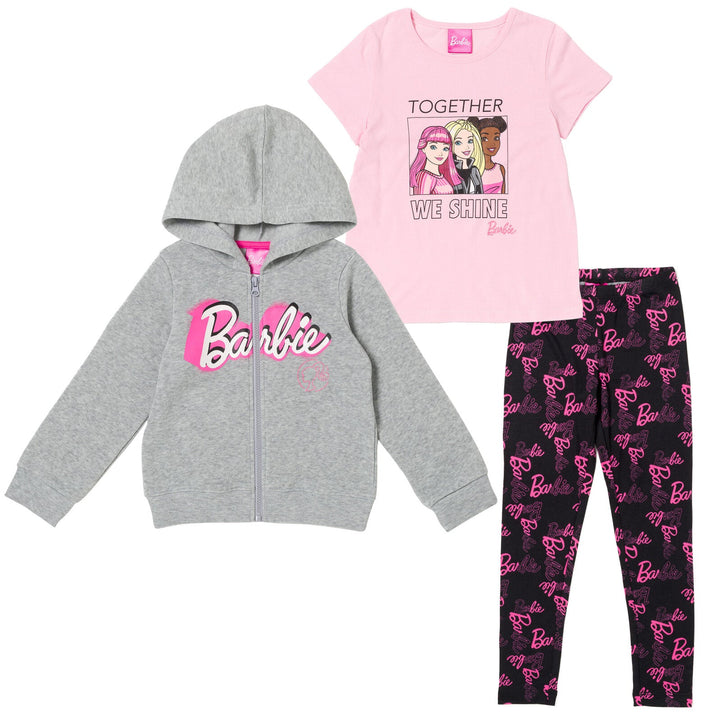 Barbie Zip Up Fleece Hoodie Graphic T-Shirt and Leggings 3 Piece Outfit Set - imagikids