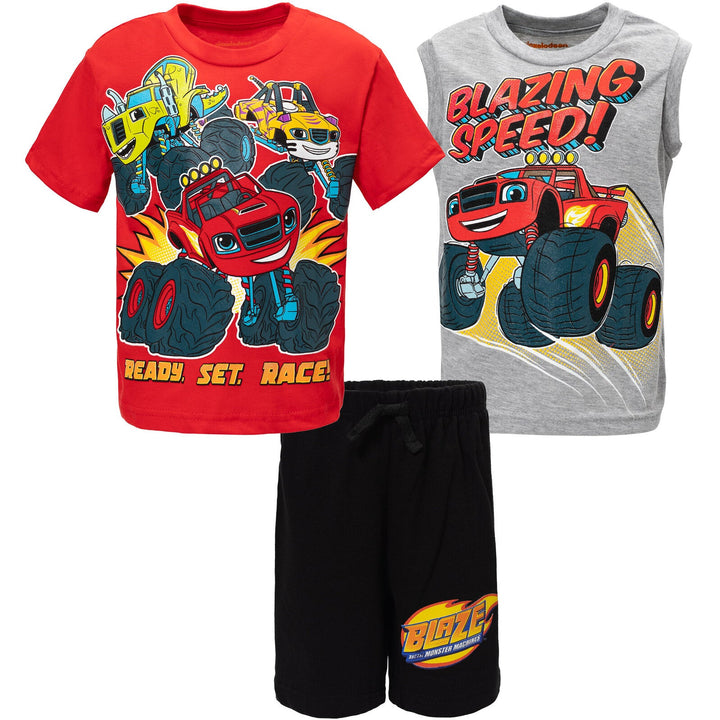 Blaze and the Monster Machines Pullover T-Shirt Tank Top and Bike Shorts French Terry 3 Piece Outfit Set - imagikids