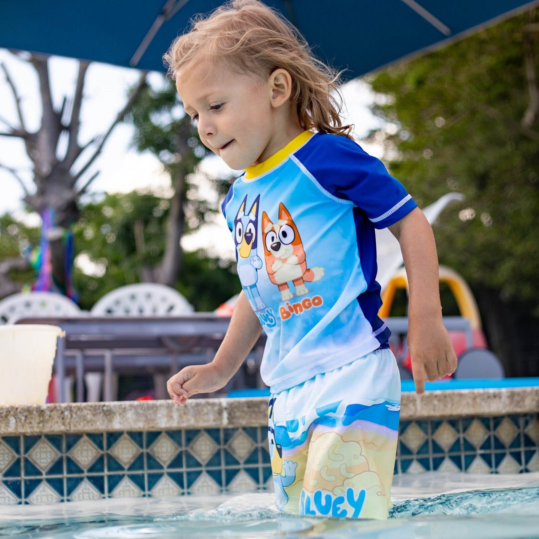 Bluey UPF 50+ Pullover Rash Guard Swim Trunks Outfit Set - imagikids