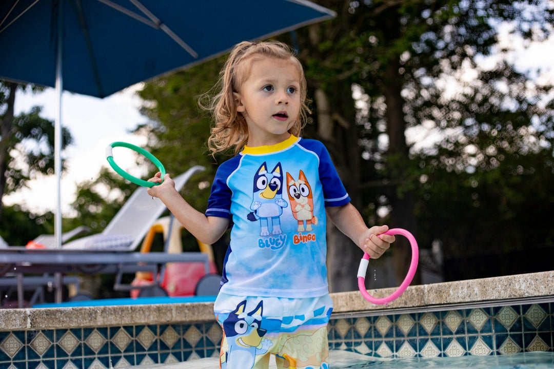 Bluey UPF 50+ Pullover Rash Guard Swim Trunks Outfit Set - imagikids