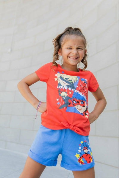 Cat Noir Knotted Pullover Graphic T-Shirt & French Terry Shorts - imagikids