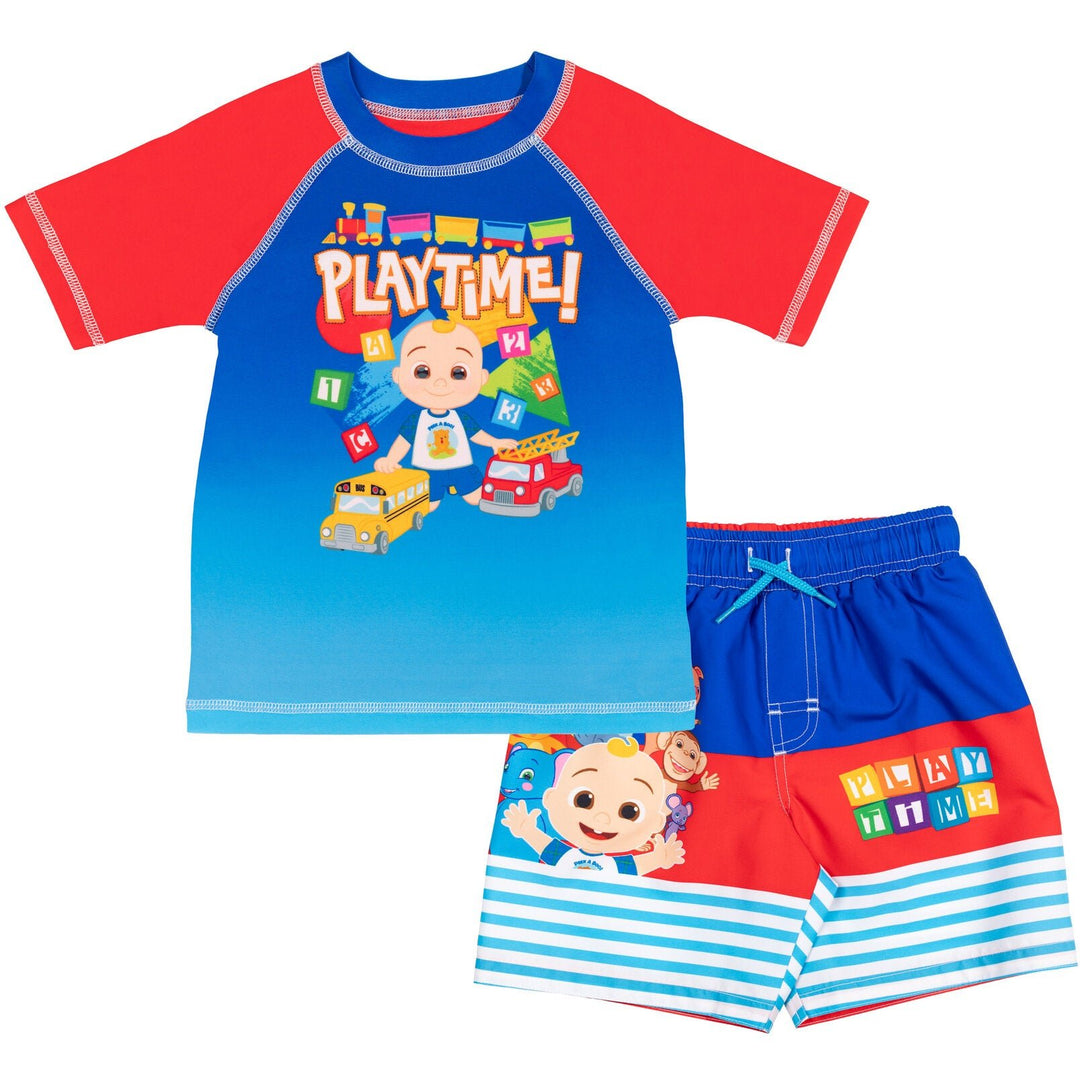 CoComelon Cocomelon JJ UPF 50+ Rash Guard Swim Trunks Outfit Set - imagikids