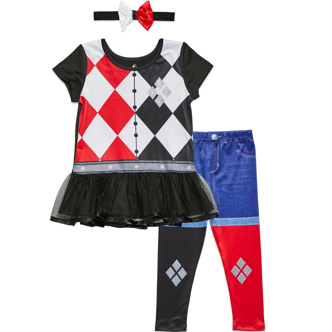 DC Comics Harley Quinn Costume Dress Leggings and Headband 3 Piece Set - imagikids