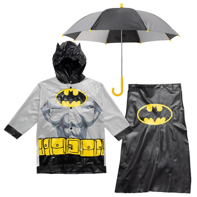 DC Comics Justice League Batman Costume Waterproof Rain Jacket Cape and Umbrella 3 Piece Outfit Set - imagikids