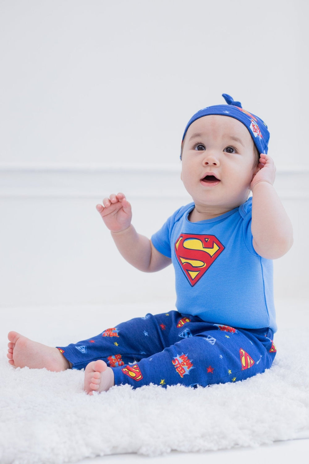 DC Comics Justice League Superman Bodysuit Pants and Hat 3 Piece Outfit Set - imagikids