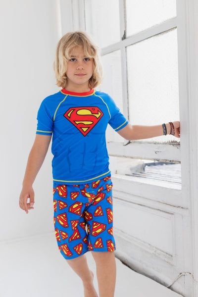 DC Comics Justice League Superman UPF 50+ Rash Guard Swim Trunks Outfit Set - imagikids
