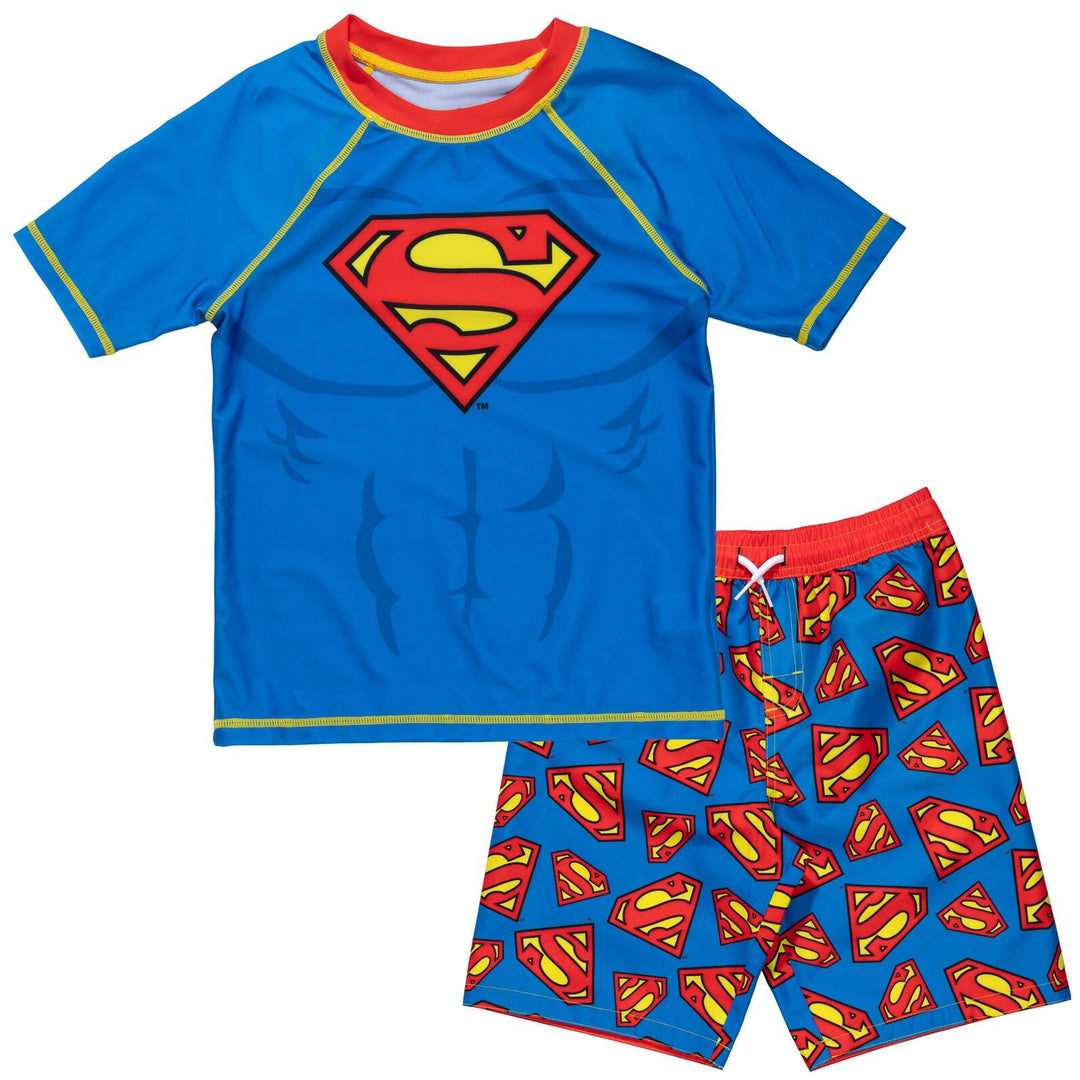 DC Comics Justice League Superman UPF 50+ Rash Guard Swim Trunks Outfit Set - imagikids