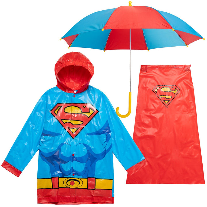 DC Comics Justice League Superman Waterproof Rain Jacket Cape and Umbrella 3 Piece Outfit Set - imagikids