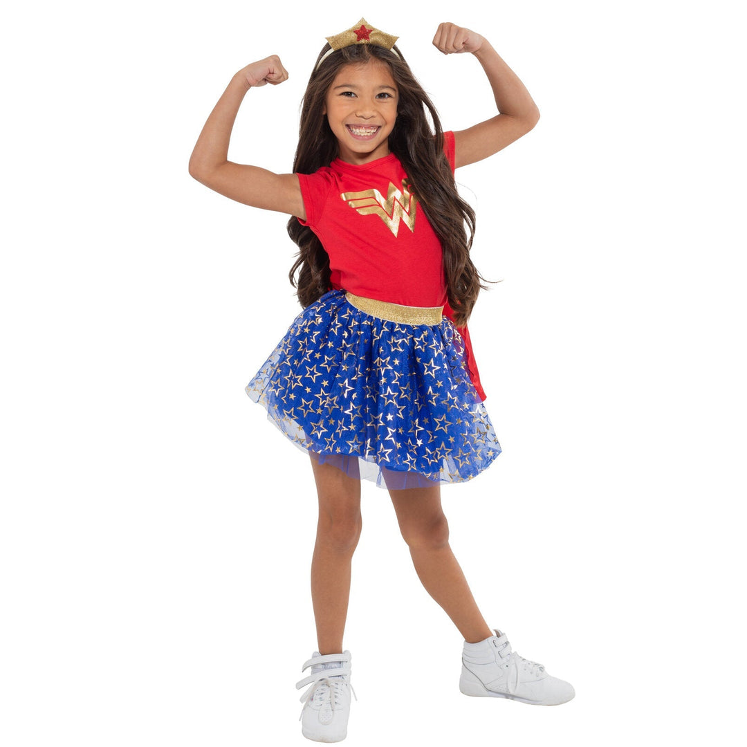 DC Comics Justice League Wonder Woman Costume T-Shirt Tulle Skirt Headband and Cape 4 Piece Set - imagikids