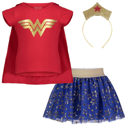DC Comics Justice League Wonder Woman Costume T-Shirt Tulle Skirt Headband and Cape 4 Piece Set - imagikids