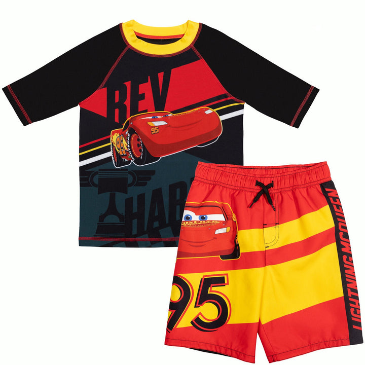 Disney Cars Lightning McQueen UPF 50+ Pullover Rash Guard Swim Trunks Outfit Set - imagikids