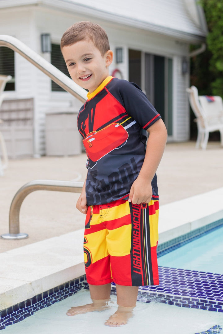 Disney Cars Lightning McQueen UPF 50+ Pullover Rash Guard Swim Trunks Outfit Set - imagikids