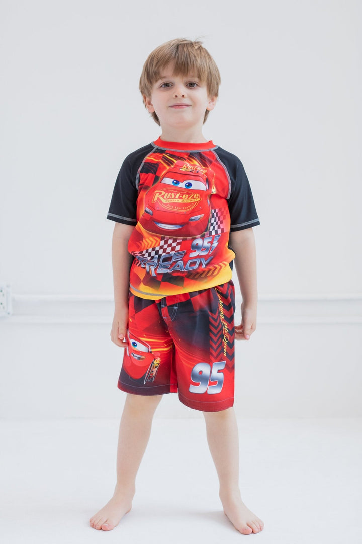 Disney Cars Lightning McQueen UPF 50+ Rash Guard Swim Trunks Outfit Set - imagikids