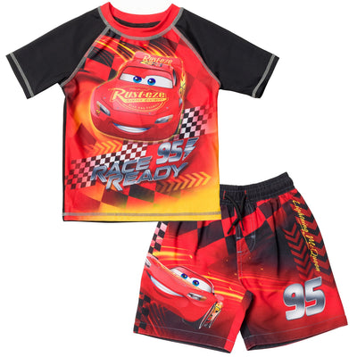 Disney Cars Lightning McQueen UPF 50+ Rash Guard Swim Trunks Outfit Set - imagikids