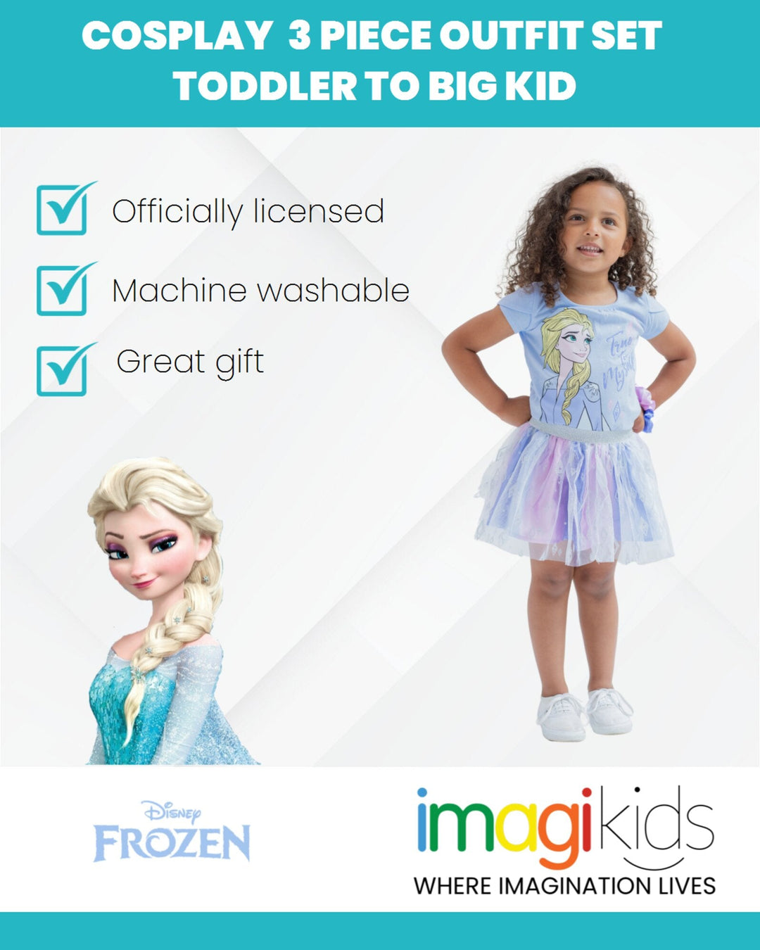 Disney Frozen Queen Elsa Cosplay T-Shirt Mesh Skirt and Scrunchie 3 Piece Outfit Set - imagikids