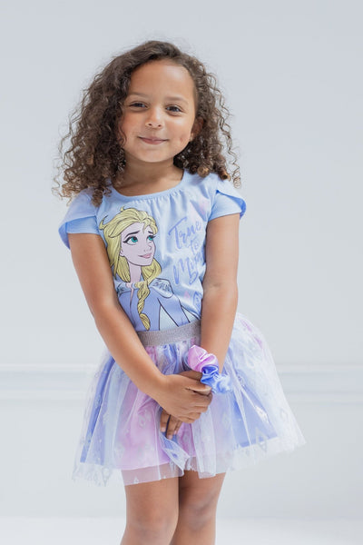 Disney Frozen Queen Elsa Cosplay T-Shirt Mesh Skirt and Scrunchie 3 Piece Outfit Set - imagikids