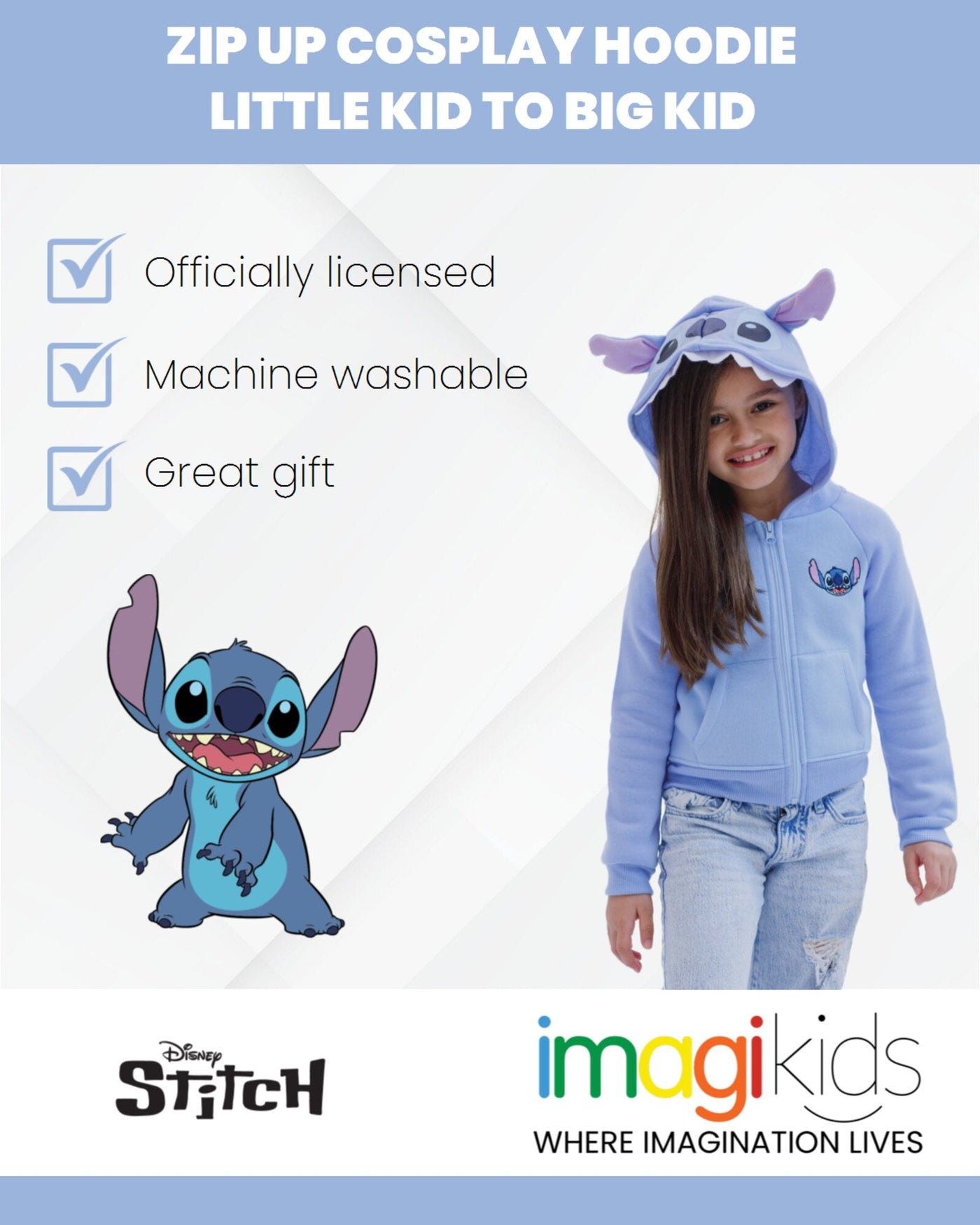 Disney Lilo & Stitch Girls French Terry Zip Up Cosplay Hoodie - imagikids