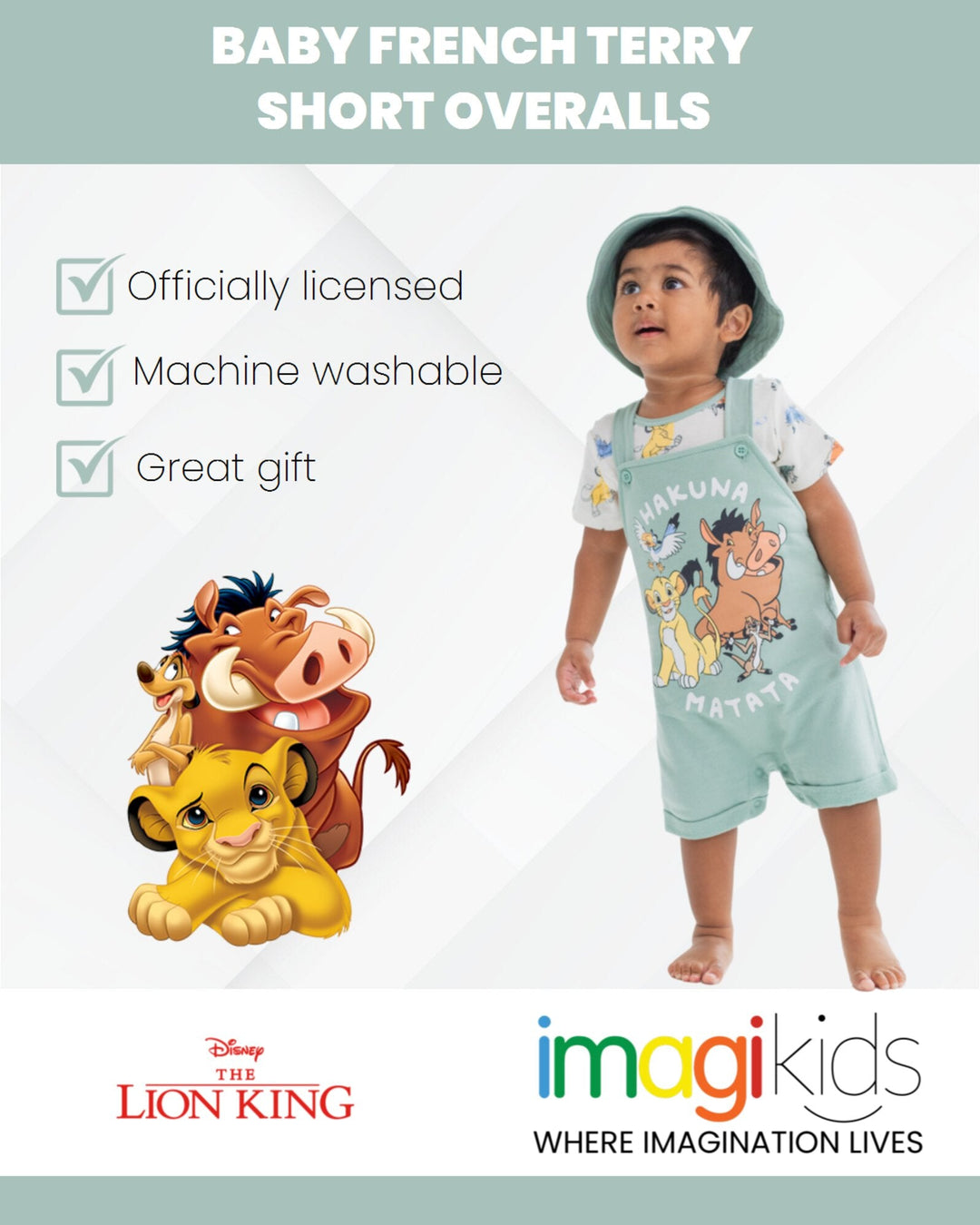 Disney Lion King French Terry Short Overalls T-Shirt and Hat 3 Piece Outfit Set - imagikids