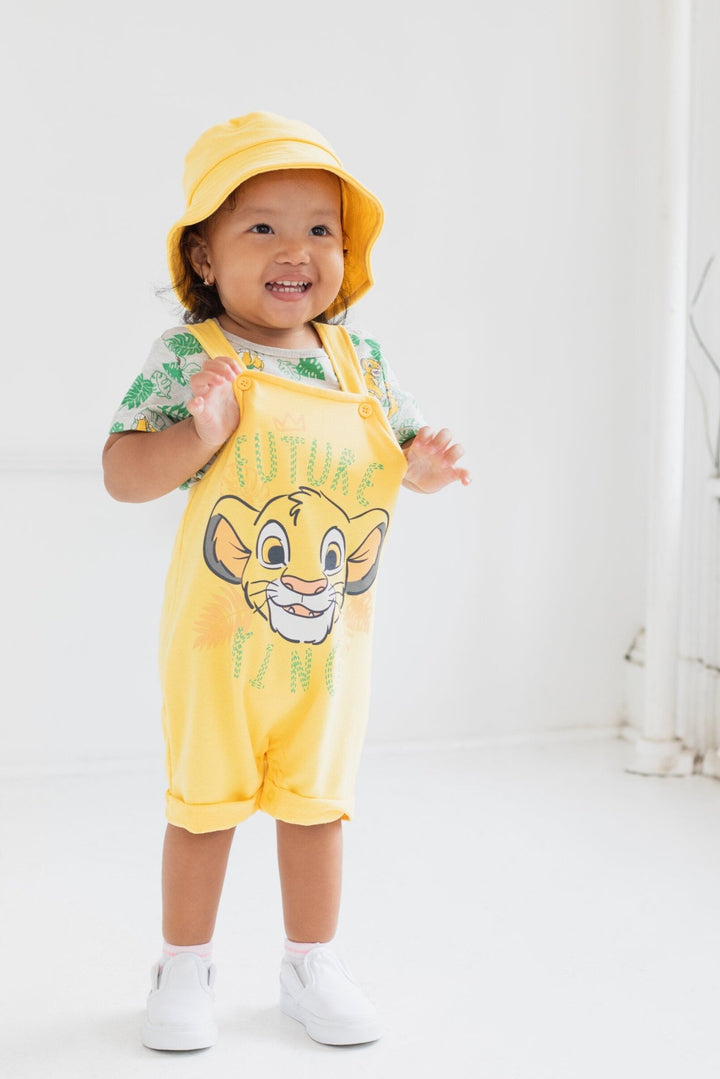 Disney Lion King Simba French Terry Short Overalls T-Shirt and Hat 3 Piece Outfit Set - imagikids