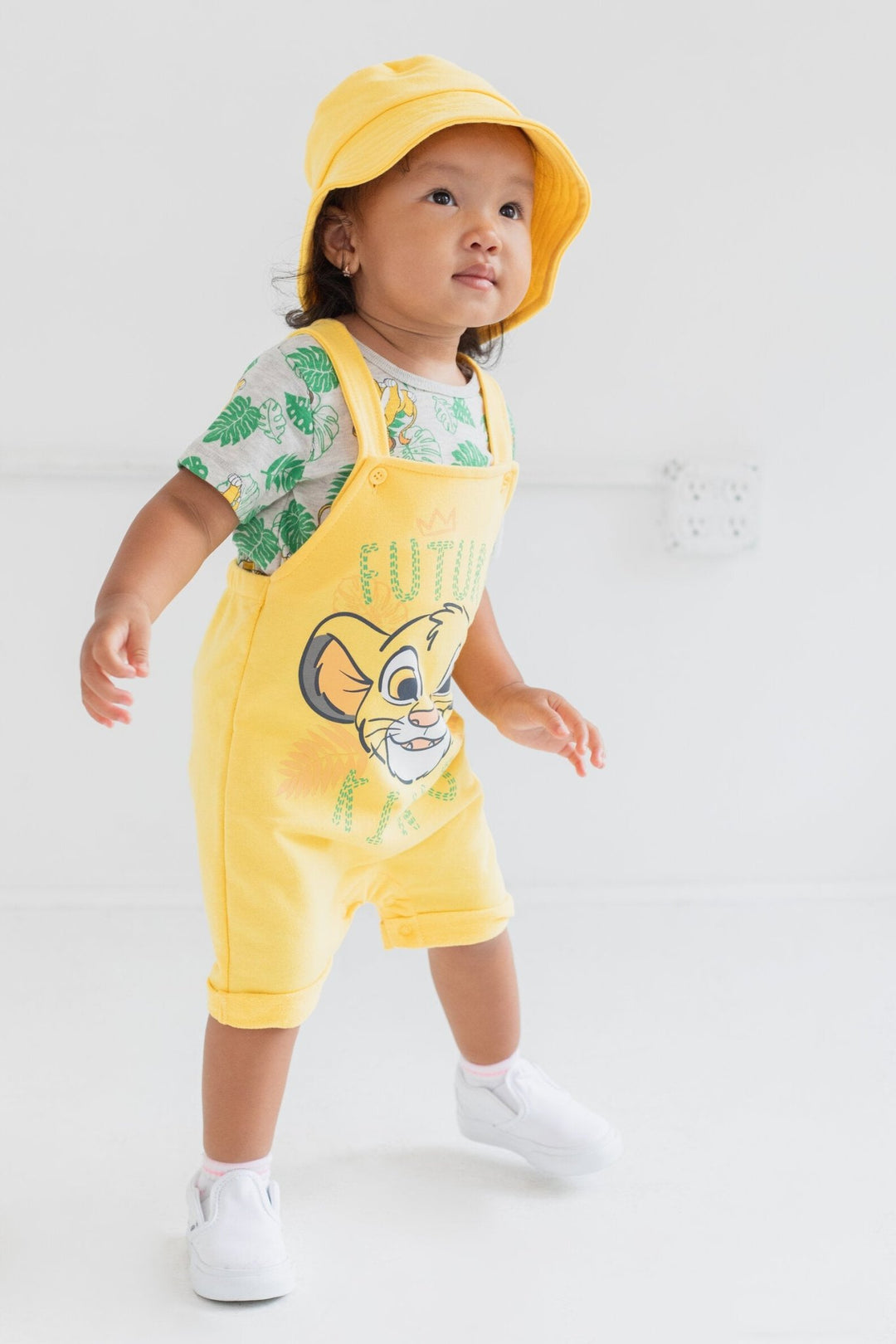 Disney Lion King Simba French Terry Short Overalls T-Shirt and Hat 3 Piece Outfit Set - imagikids