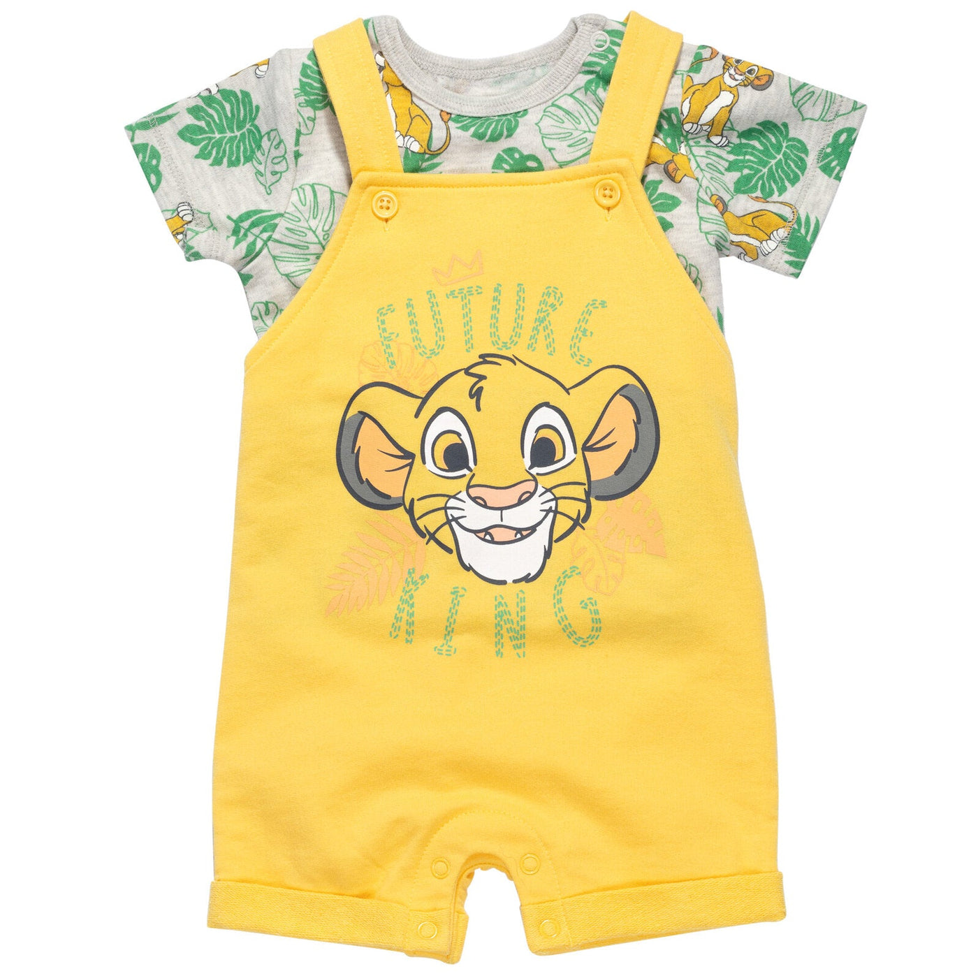 Disney Lion King Simba French Terry Short Overalls T-Shirt and Hat 3 Piece Outfit Set - imagikids