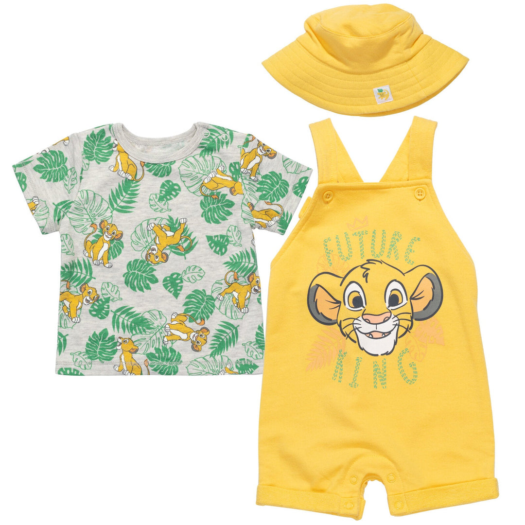 Disney Lion King Simba French Terry Short Overalls T-Shirt and Hat 3 Piece Outfit Set - imagikids