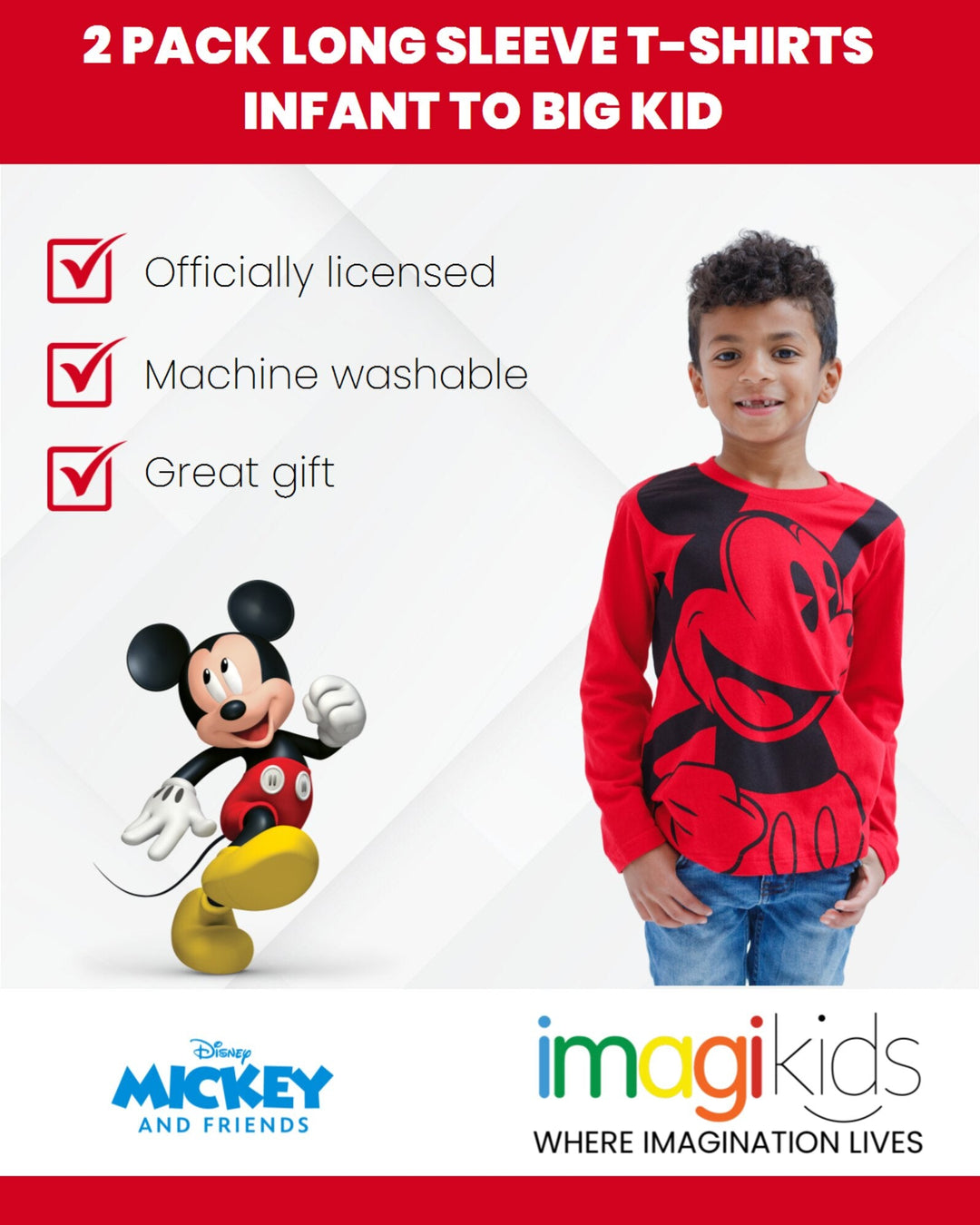 Disney Mickey Mouse 2 Pack Hangdown Long Sleeve T-Shirts - imagikids