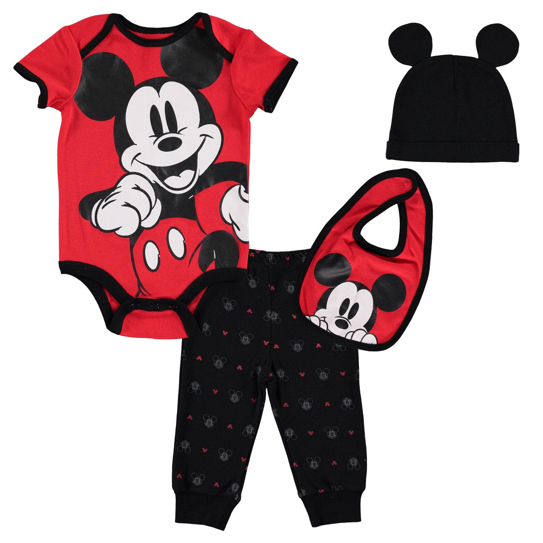 Disney Mickey Mouse Bodysuit Jogger Pants Bib and Hat 4 Piece Outfit Set - imagikids