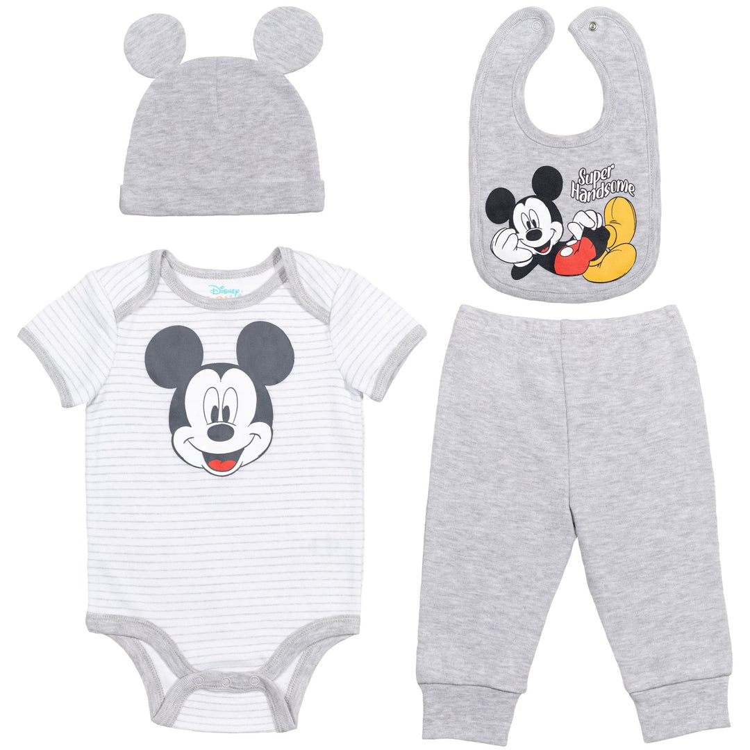 Disney Mickey Mouse Bodysuit Pants Bib and Hat 4 Piece Outfit Set - imagikids