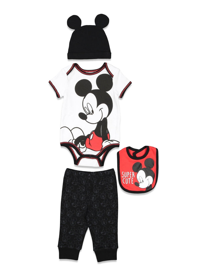 Disney Mickey Mouse Bodysuit Pants Bib and Hat 4 Piece Outfit Set - imagikids