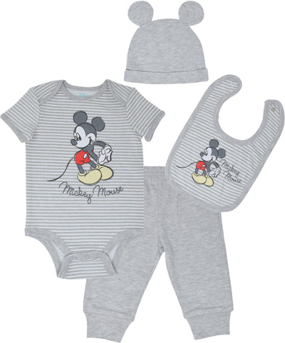 Disney Mickey Mouse Bodysuit Pants Bib and Hat 4 Piece Outfit Set - imagikids