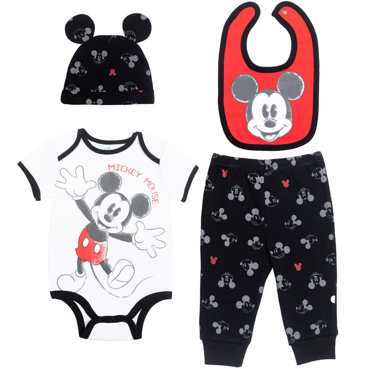 Disney Mickey Mouse Bodysuit Pants Bib and Hat 4 Piece Outfit Set - imagikids