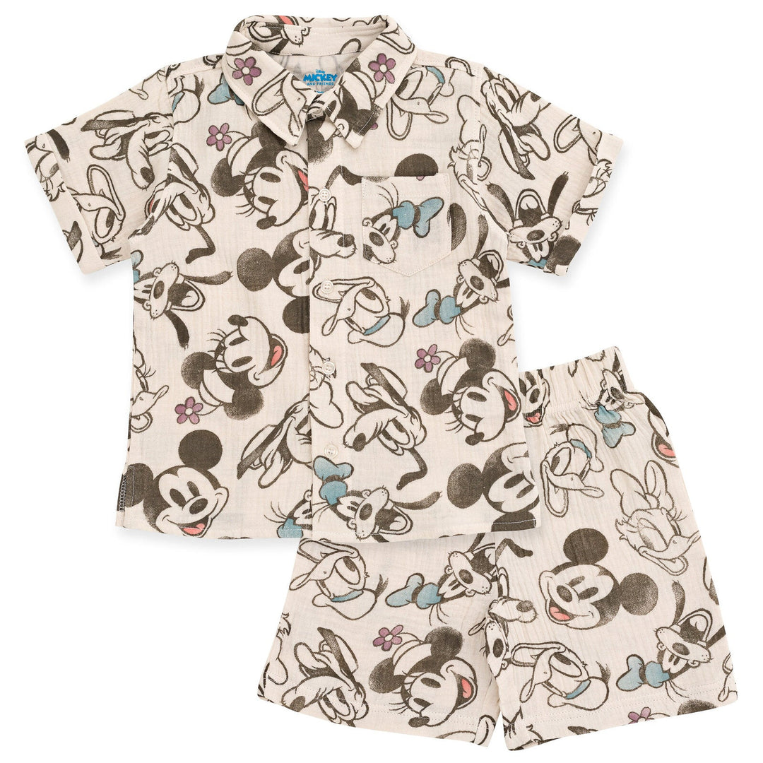 Disney Mickey Mouse Cotton Gauze Button Down Dress Shirt and Shorts Outfit Set - imagikids