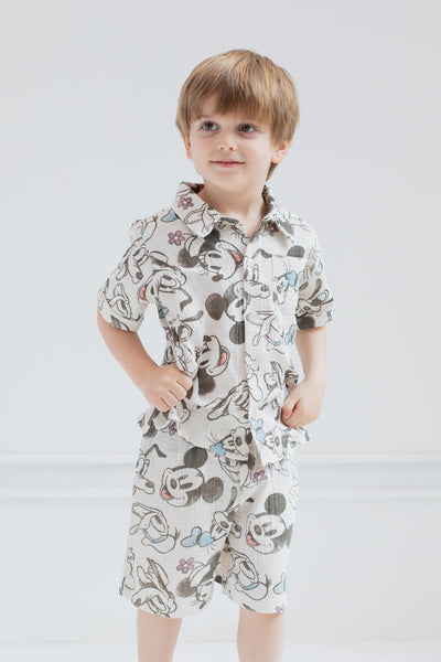 Disney Mickey Mouse Cotton Gauze Button Down Dress Shirt and Shorts Outfit Set - imagikids