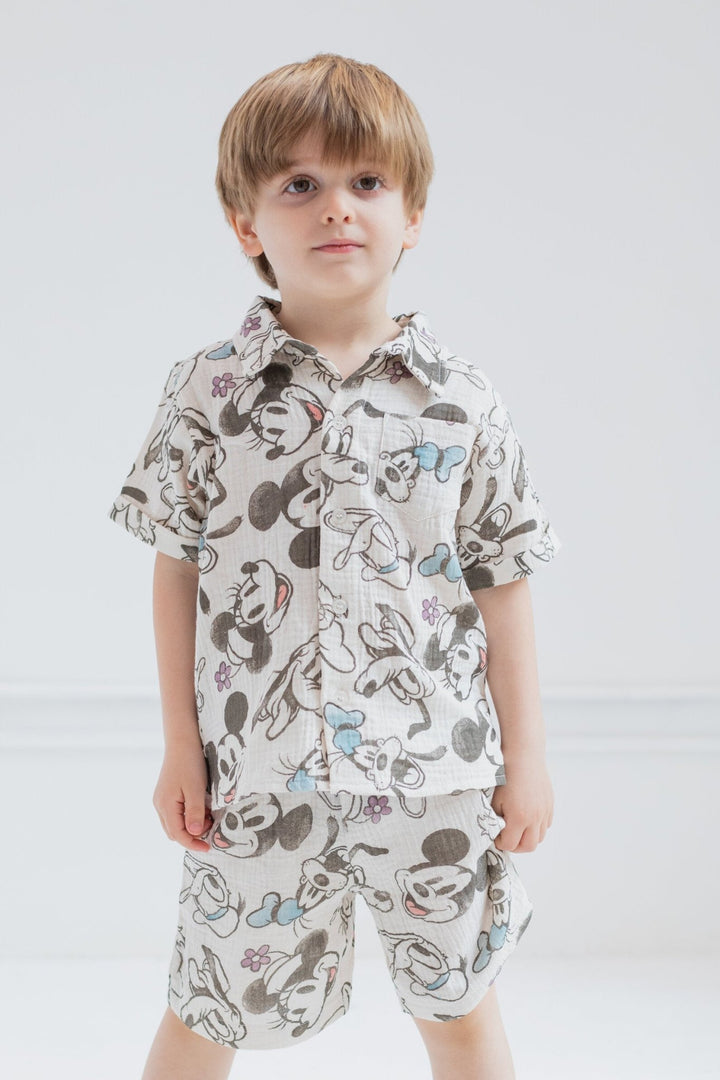 Disney Mickey Mouse Cotton Gauze Button Down Dress Shirt and Shorts Outfit Set - imagikids